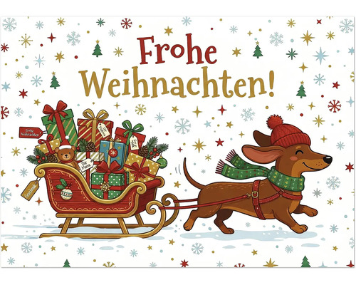 Weihnachtskarte mit einem Dackel, der einen mit Geschenken beladenen Schlitten zieht und der Aufschrift Frohe Weihnachten.