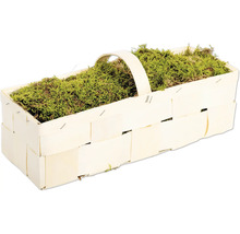 Rechteckiger Pflanzkorb aus Holzspan mit Henkel, gefüllt mit dekorativem Moos für florale Arrangements.