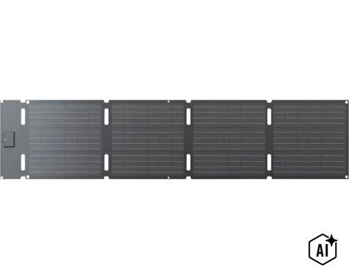 Faltbares Solarmodul mit vier Panels für die mobile Stromversorgung unterwegs. (Image AI modified or generated)