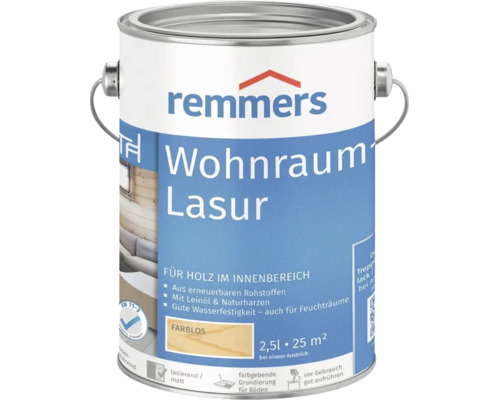 Eine Dose Remmers Wohnraum Lasur für Holz im Innenbereich mit 2,5 Liter Inhalt, farblos und matt.