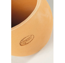 Nahaufnahme eines runden Blumentopfes aus Terracotta mit eingeprägtem Logo.
