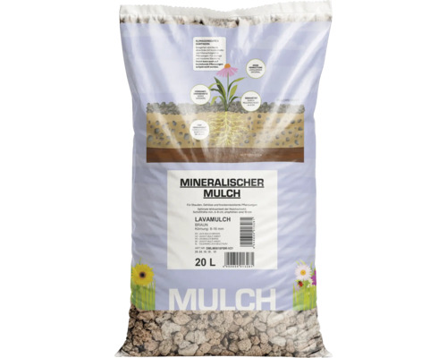 Sack mit 20 Liter Lavamulch, mineralisches Mulchmaterial mit 8 bis 16 Millimeter Körnung für Gärten.