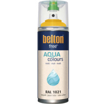 Belton Free Aqua Colours Sprühlack in Rapsgelb RAL 1021, matte wasserbasierte Farbe für verschiedene Oberflächen.