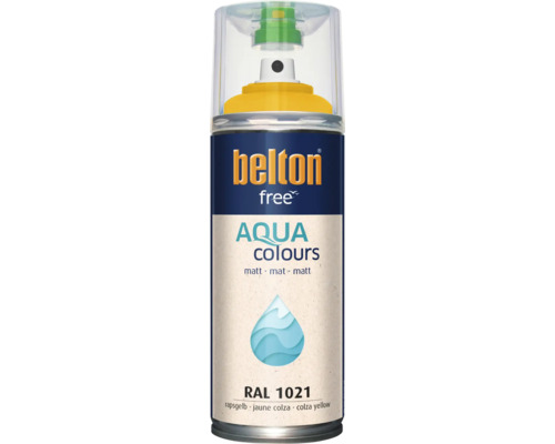 Belton Free Aqua Colours Sprühlack in Rapsgelb RAL 1021, matte wasserbasierte Farbe für verschiedene Oberflächen.
