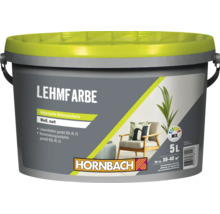 Ein Eimer Hornbach Lehmfarbe Naturweiß matt 5 Liter für 30 bis 40 Quadratmeter mit Hornbach Logo und Farbmischservice Symbol.