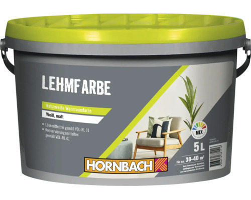 Ein Eimer Hornbach Lehmfarbe Naturweiß matt 5 Liter für 30 bis 40 Quadratmeter mit Hornbach Logo und Farbmischservice Symbol.