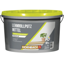 Eimer Lehmrollputz mittel 10 kg für Wände und Decken, Körnung 0,5 mm, Hornbach Logo.