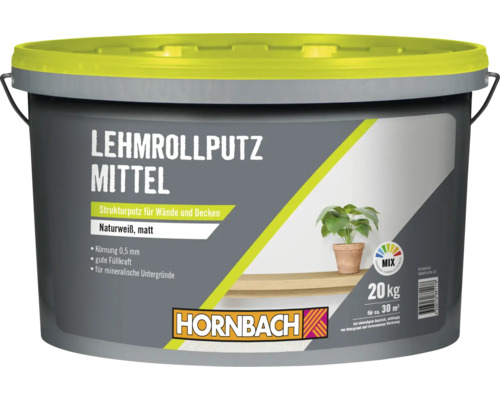 HORNBACH Lehmrollputz Mittel 20 kg für mineralische Untergründe mit 0,5 mm Körnung in einem Eimer.