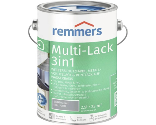 Remmers Multi Lack 3 in 1 Silbergrau 2,5 Liter Wetterschutzfarbe für Holz Metall und Kunststoff