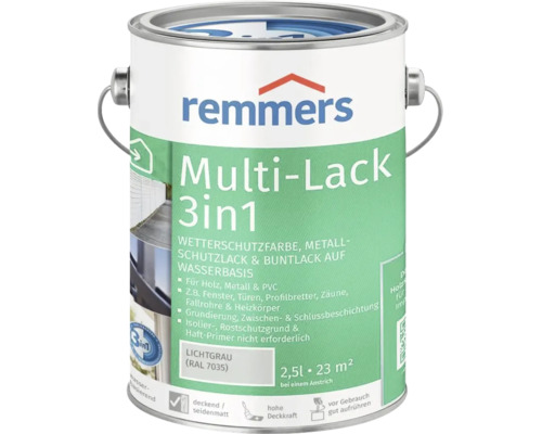 Remmers Multi Lack 3in1 Wetterschutzfarbe in Lichtgrau RAL 7035, 2,5 Liter Gebinde für Holz, Metall und PVC.