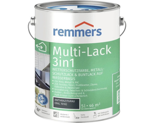 Remmers Multi-Lack 3in1 Wetterschutzfarbe Anthrazitgrau 5 Liter Eimer auf Wasserbasis für Holz Metall und Kunststoff