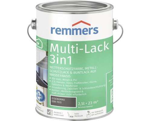 Remmers Multi Lack 3in1 Wetterschutzfarbe in Eisengrau, 2,5 Liter Dose für Holz, Metall und Kunststoff zur Grundierung und Beschichtung.