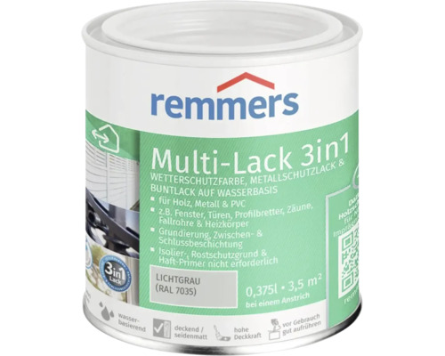 Remmers Multi Lack 3 in 1 Wetterschutzfarbe in Lichtgrau RAL 7035, wasserbasierter Lack für Holz, Metall und PVC, Gebindeinhalt 0,375 Liter.