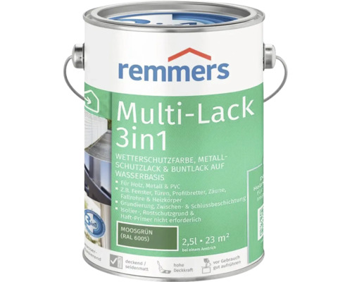 Remmers Multi Lack 3 in 1 Wetterschutzfarbe und Metallschutzlack in Moosgrün RAL 6005, 2,5 Liter Gebinde für Holz, Metall und Kunststoff.