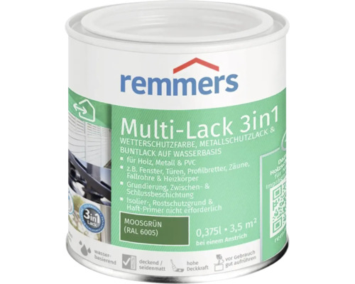 Remmers Multi Lack 3 in 1 Wetterschutzfarbe Metallschutzlack Buntlack wasserbasiert moosgrün 0,375 Liter Dose für Holz Metall PVC