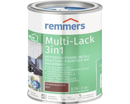 Remmers Multi Lack 3in1 Wetterschutzfarbe in Skandinavisch Rot, 0,75 Liter Dose für Holz, Metall und Kunststoff.