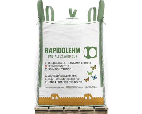 Big Bag mit Rapidolehm Lehmhofenset, 1 Tonne, auf Holzpalette.