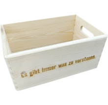 Holzkiste mit Tragegriffen und eingebranntem Schriftzug Es gibt immer was zu tun
