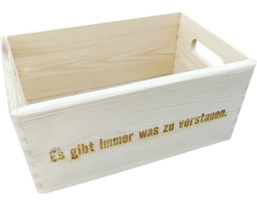 Holzkiste mit Tragegriffen und eingebranntem Schriftzug Es gibt immer was zu tun