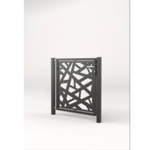 Gartentor aus Metall mit modernem, geometrischem Stäbemuster und zwei Torpfosten für den Außenbereich.