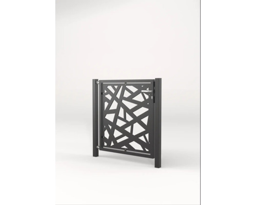 Gartentor aus Metall mit modernem, geometrischem Stäbemuster und zwei Torpfosten für den Außenbereich.