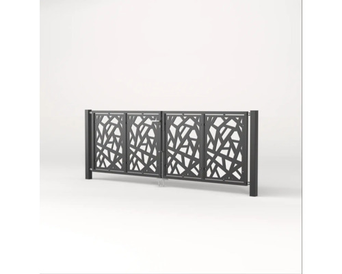 Doppelflügeltor aus Metall mit modernem geometrischem Muster für Garten und Grundstückszufahrt.