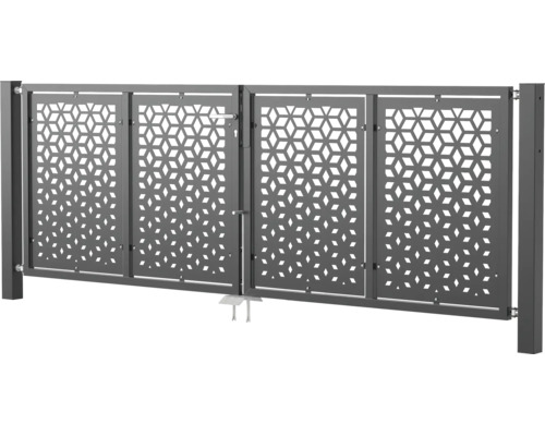 Doppelflügeltor aus Metall mit dekorativem geometrischem Lochmuster und Rahmen
