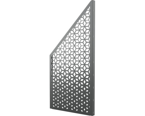 Diagonal geschnittenes Metall Sichtschutzelement mit geometrischem Rautenmuster für den Garten.