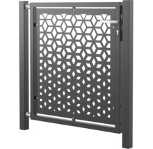 Gartentor aus Metall mit geometrischem Lochmuster und Metallpfosten inklusive Griff und Schloss