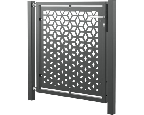 Gartentor aus Metall mit geometrischem Lochmuster und Metallpfosten inklusive Griff und Schloss
