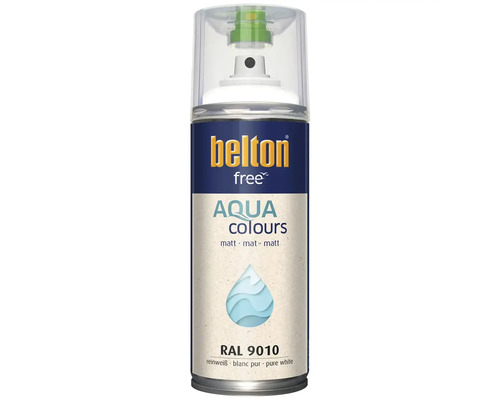 Belton free Aqua Colours Sprühlack in reinweiß matt RAL 9010, eine wasserbasierte Sprühfarbe in der Dose.