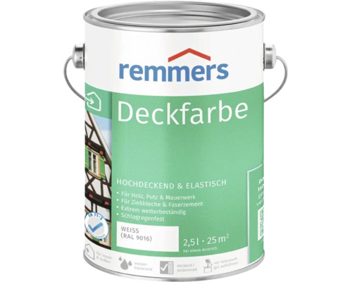 Remmers Deckfarbe weiß 2,5 Liter Gebinde für Holz, Putz und Mauerwerk sowie Zinkbleche und Faserzement für innen und außen.
