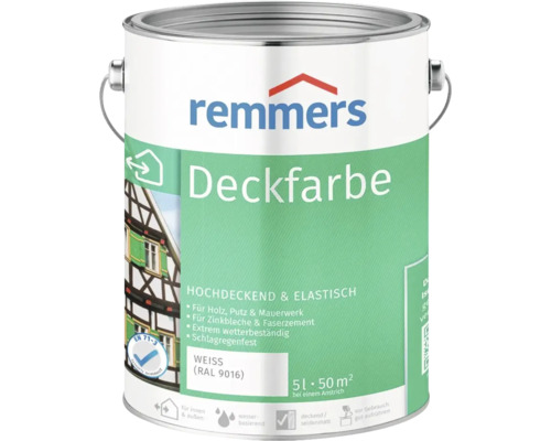 Remmers Deckfarbe weiß 5 Liter für Holz Putz und Mauerwerk wetterbeständig