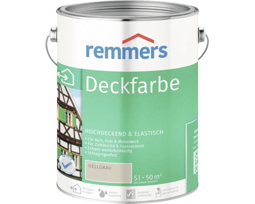 Remmers Deckfarbe Hellgrau 5 Liter Farbeimer für Holz Putz Mauerwerk Zinkblech Faserzement wetterfest schlagregenfest seidenmatt