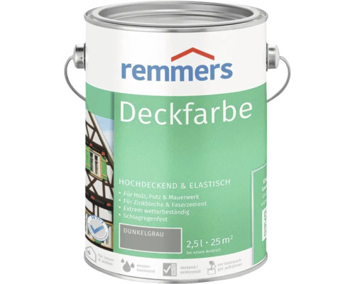 Remmers Deckfarbe in Dunkelgrau, 2,5 Liter Gebinde für Holz, Putz, Mauerwerk, Zinkblech und Faserzement, wetterbeständig für innen und außen.
