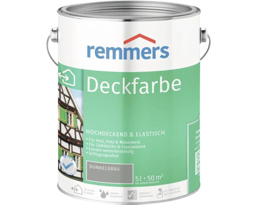 Remmers Deckfarbe in Dunkelgrau, 5 Liter Farbbehälter für Holz, Putz, Mauerwerk und Zinkblech für Innen und Außen, wetterbeständig.
