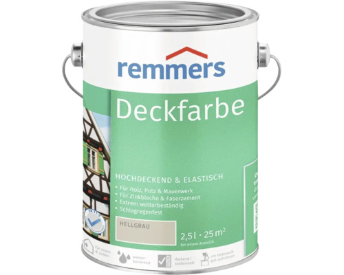 Remmers Deckfarbe in Hellgrau, 2,5 Liter Gebinde für Holz, Putz, Mauerwerk, Zinkbleche und Faserzement, wetterbeständig und seidenglänzend.