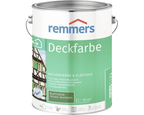 Remmers Deckfarbe in Blattgrün, 5 Liter Eimer, deckende Farbe für Holz, Putz, Mauerwerk, Zinkblech und Faserzement, wetterbeständig.