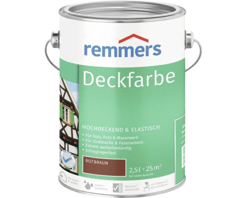 Remmers Deckfarbe rotbraun 2,5 Liter Gebinde zur Beschichtung von Holz, Putz, Mauerwerk, Zinkblechen und Faserzement für innen und außen.