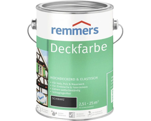 Remmers Deckfarbe Schwarz 2,5 Liter für Holz, Putz, Mauerwerk, Zinkbleche und Faserzement für innen und außen.
