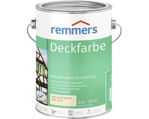 Remmers Deckfarbe 2,5 Liter Farbton Hellelfenbein RAL 1015 für Holz Putz Mauerwerk Zinkblech und Faserzement wetterbeständig für innen und außen