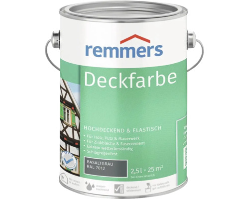 Remmers Deckfarbe Basaltgrau RAL 7012, 2,5 Liter, wetterfeste und elastische Farbe für Holz, Putz, Mauerwerk, Zinkbleche und Faserzement.