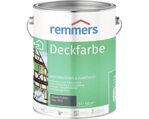 Remmers Deckfarbe in Basaltgrau, 5 Liter Eimer, wasserbasierte Farbe für Holz, Putz und Mauerwerk im Innen- und Außenbereich.