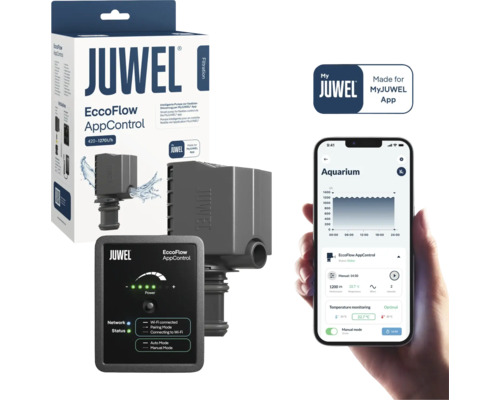 Juwel EccoFlow AppControl Aquariumpumpe mit Steuereinheit und Smartphone App Steuerung zur flexiblen Filterleistungseinstellung.