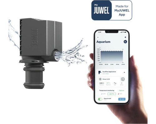 Juwel Eccoflow Pumpe mit App Steuerung und Smartphone Darstellung.