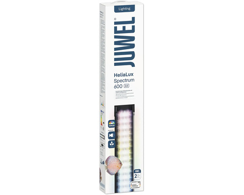 Verkaufsverpackung der Juwel HeliaLux Spectrum 600 2.0 Aquarium LED Beleuchtung mit vollem Lichtspektrum und abgebildetem Diskusfisch.