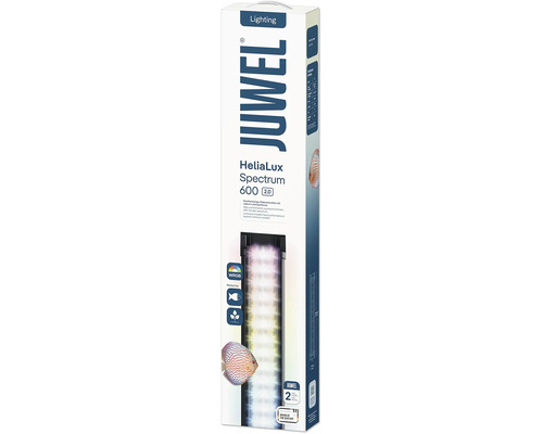 JUWEL HeliaLux Spectrum 600 2.0 LED Aquarienleuchte in Verpackung mit technischen Spezifikationen und Hinweisen für Fische und Pflanzen.