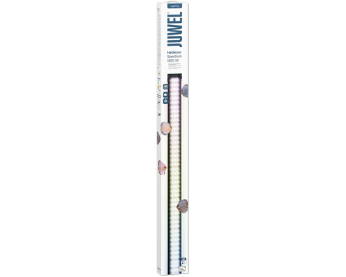 Juwel HeliaLux Spectrum 1500 2.0 LED Aquariumbeleuchtung mit vollem Lichtspektrum in einer Verkaufsverpackung mit Abbildungen von Zierfischen.