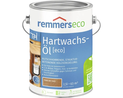 Eine Dose Remmers Hartwachs Öl eco für Holz im Innenbereich in der Ausführung Teak, 2,5 Liter Gebinde für 63 Quadratmeter.