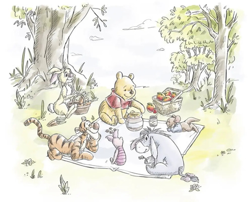 Winnie Puuh und seine Freunde beim Picknick im Wald in einer Aquarellzeichnung.